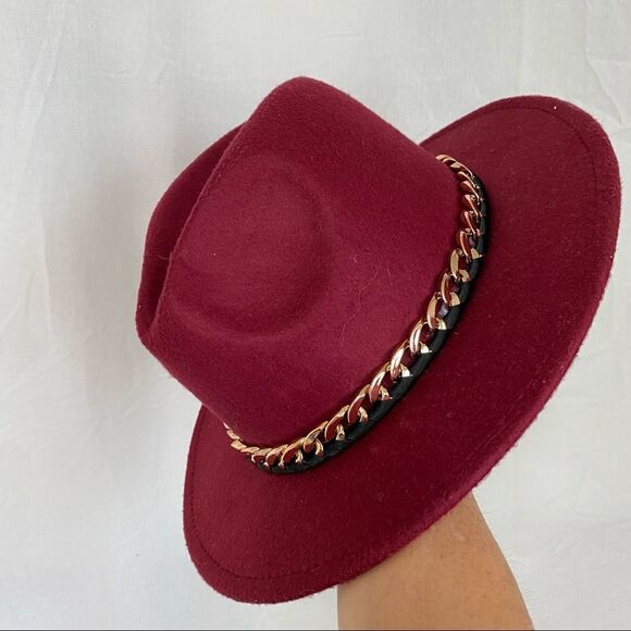 NEW Marcus Adler burgundy felt with gold ribbon chain dented fedora hat main image 7